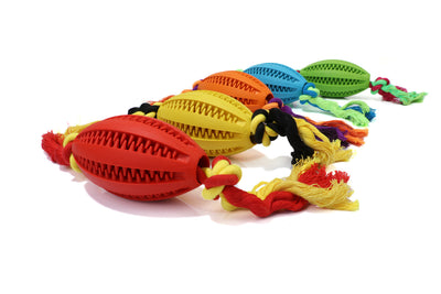 Green rubber pet molar toy with a football shape and textured surface, featuring red and green braided rope knots. - Image 4