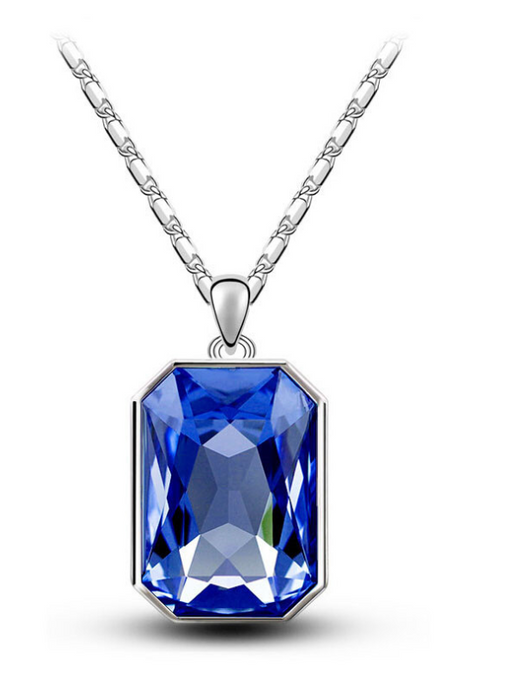 Teal rectangular crystal necklace and matching stud earrings set with silver-toned settings and chain. - Image 11