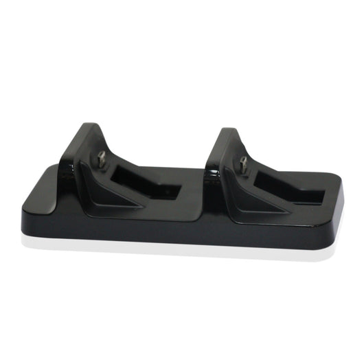 Black dual charging dock for PS4 controllers, with two controllers docked and the charging base shown separately. - Image 5