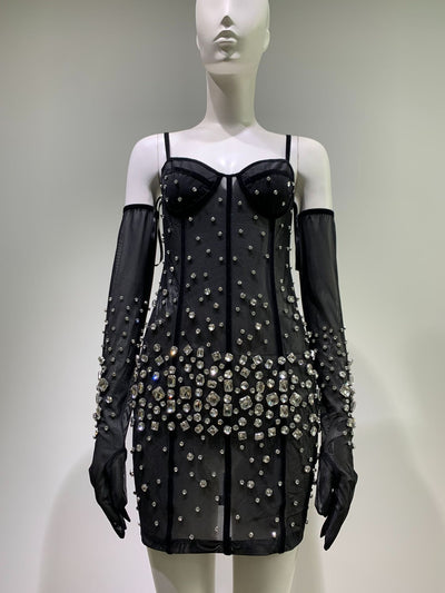 Guantes con Strass y Vestido de Malla Negra Sensual con Tirantes - Image 13