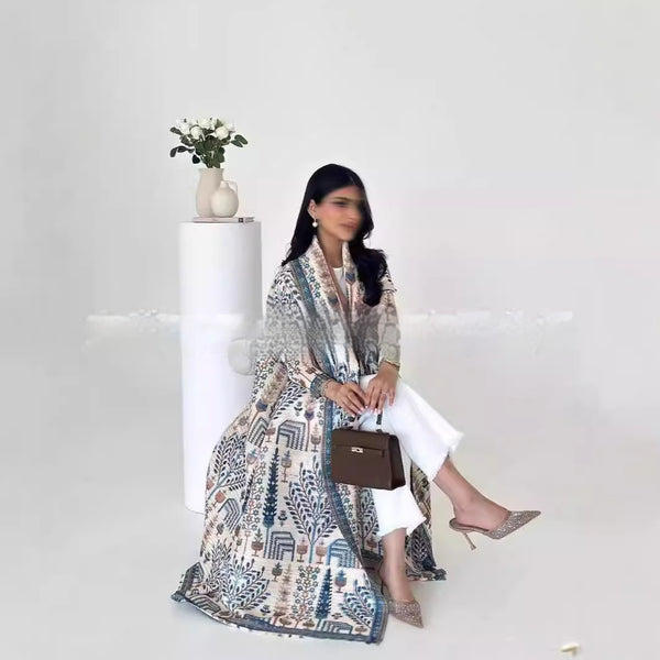 Cardigan Djellaba Étnico con Pliegues y Estampado - Capa Clásica de Moda