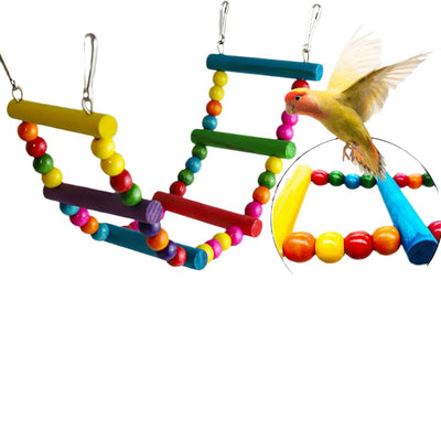 7-piece set of colorful wooden parrot toys with bells, including swings, perches, and chew toys for bird cages. - Image 5