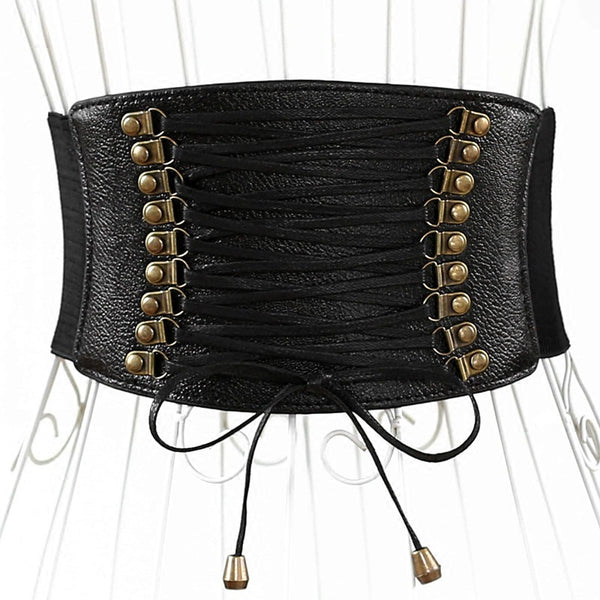Red wide elastic belt with a faux leather lace-up front panel and bronze-tone eyelets, tied at the bottom. - Image 8