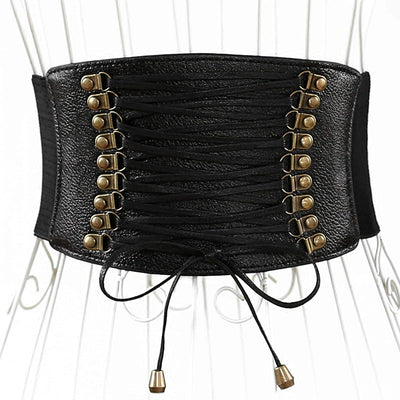 Red wide elastic belt with a faux leather lace-up front panel and bronze-tone eyelets, tied at the bottom. - Image 8