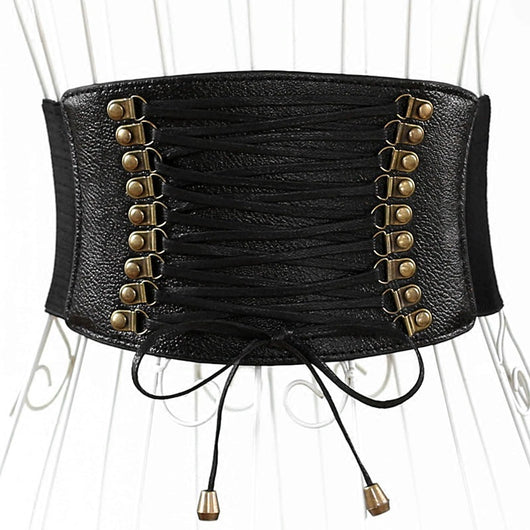 Red wide elastic belt with a faux leather lace-up front panel and bronze-tone eyelets, tied at the bottom. - Image 8