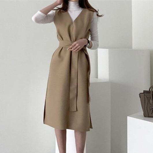 Vestido Elegante sin Mangas de Lana con Escote en V