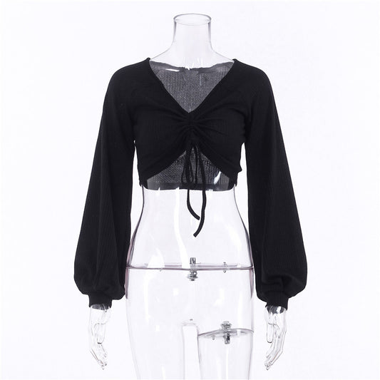 Blusa de Cuello V con Mangas Farol y Detalle Anudado en el Pecho - Image 2