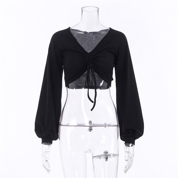 Blusa de Cuello V con Mangas Farol y Detalle Anudado en el Pecho