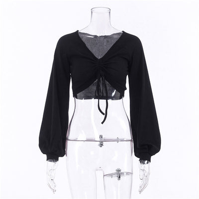 Blusa de Cuello V con Mangas Farol y Detalle Anudado en el Pecho - Image 2