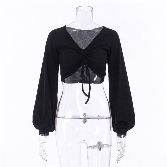 Blusa de Cuello V con Mangas Farol y Detalle Anudado en el Pecho