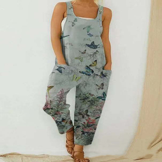 Mono Suelto con Estampado de Mariposas y Tirantes para Mujer Talla Grande