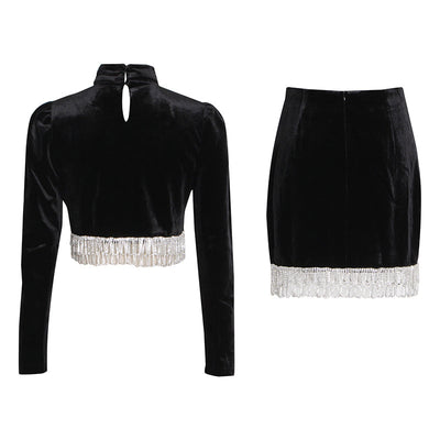 Blusa Ante Cuello Alto con Flecos y Falda Cadera - Image 7
