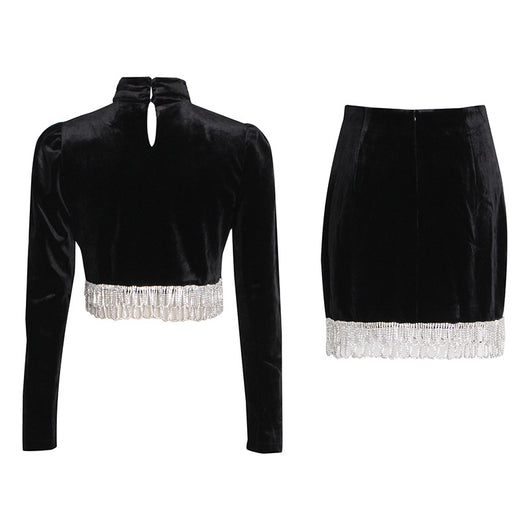 Blusa Ante Cuello Alto con Flecos y Falda Cadera - Image 7