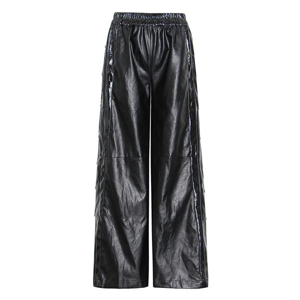 Pantalón Ancho de Cuero PU con Botones Laterales y Abertura