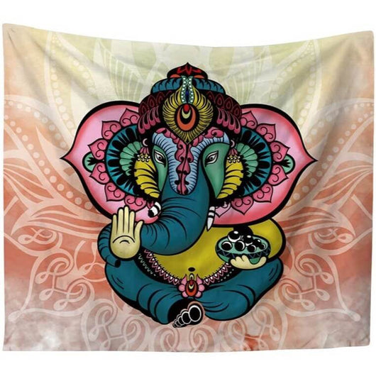 Colorful mosaic Ganesha elephant tapestry with intricate details and a light, patterned background.