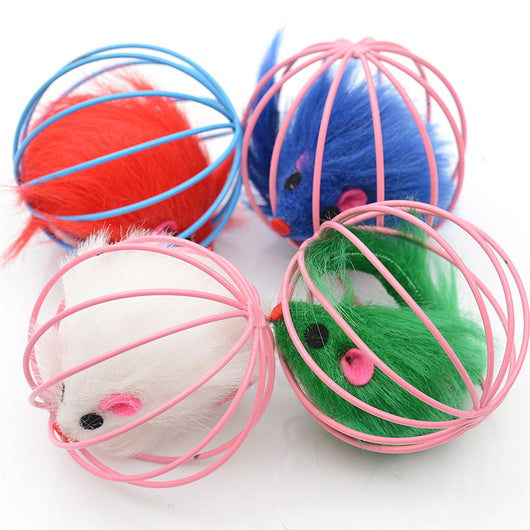 Four colorful wire cage mouse cat toys in green, white, blue, and red, designed for interactive pet play. - Image 16