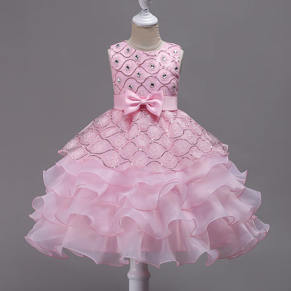 Vestido Infantil de Encaje con Moños y Volantes