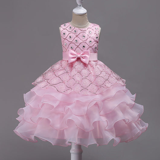 Vestido Infantil de Encaje con Moños y Volantes