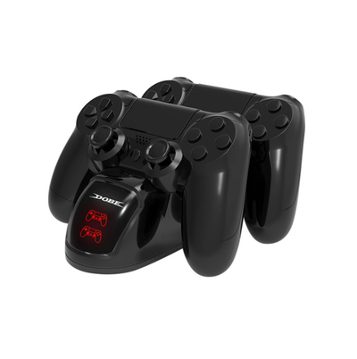 Black dual charging dock for PS4 wireless controllers with green LED indicators, shown with its retail box and USB cable. - Image 3