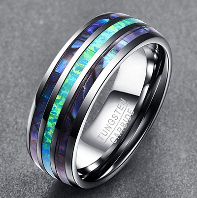 Anillo de Boda Tungsteno 8mm con Ópalo Sintético y Concha Abalone para Hombre y Mujer - Image 4