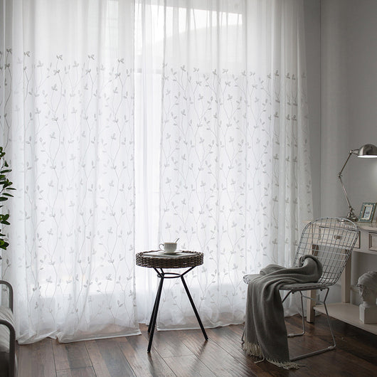 Sheer white curtains with a delicate brown leafy vine pattern, offering light transmission for a pastoral style room. - Image 3