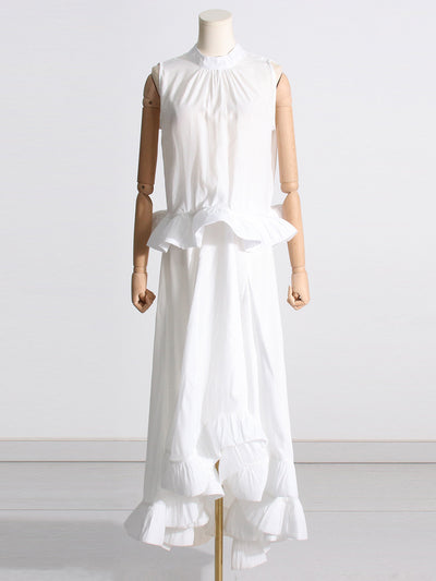 Conjunto de Dos Piezas: Blusa sin Mangas con Cuello Alzado Plisado y Falda Volantes - Image 10