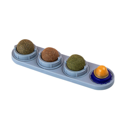 Cat treat dispenser with four lickable balls: cat sugar, cat mint, gall fruit, and silvervine, in a purple holder. - Image 8