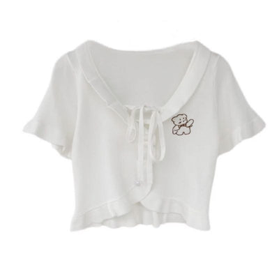Crop Top Tejido Suave con Osito Bordado y Volantes - Image 8