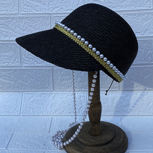 Sombrero de Paja Negro con Cadena de Perlas Artesanal - Image 8