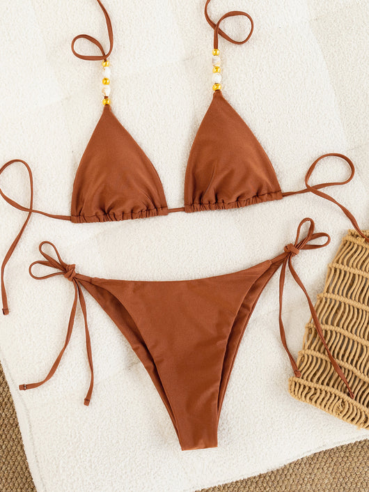 Solid brown two-piece bikini with triangle top and tie-side bottoms, featuring decorative beads on the top straps. - Image 12