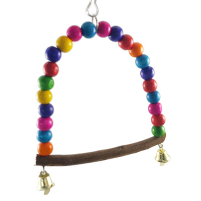 Blue and yellow macaw parrot on a colorful wooden bead swing with bells, designed for bird cages. - Image 3