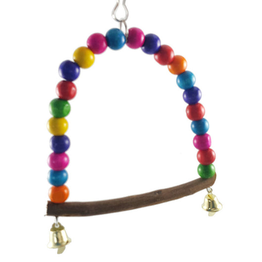 Blue and yellow macaw parrot on a colorful wooden bead swing with bells, designed for bird cages. - Image 3