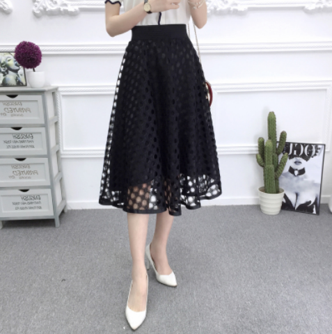 Falda Tutú de Cintura Alta con Encaje Calado - Diseño Voluminoso A para Primavera y Verano