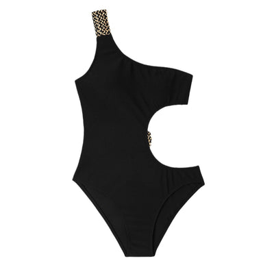 Black one-shoulder one-piece swimsuit with side cut-outs and gold chain-link detailing on strap and waist. - Image 5
