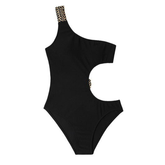 Black one-shoulder one-piece swimsuit with side cut-outs and gold chain-link detailing on strap and waist. - Image 5