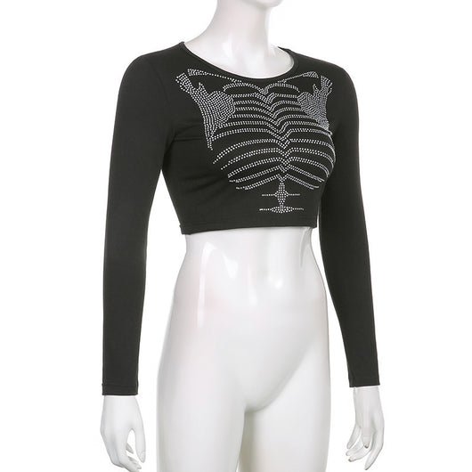 Blusa Crop Top Esqueleto con Cristales - Estilo Gótico para Mujer - Image 11