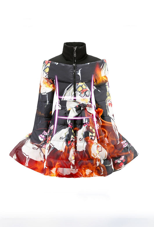 Abrigo Infantil de Plumón Europeo con Diseño Estampado y Lazo en la Cintura - Image 7