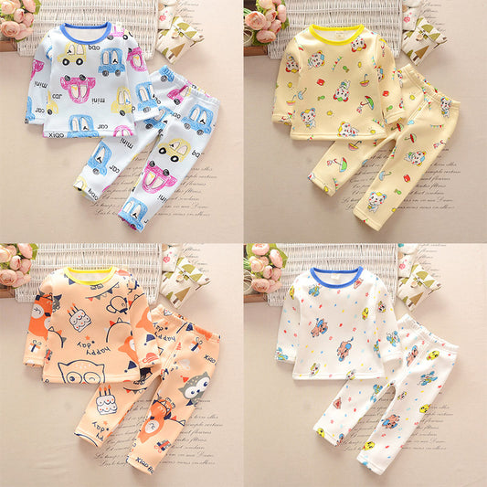 Toddler unisex long-sleeve underwear set with colorful car print in blue, yellow, and pink on a white background.