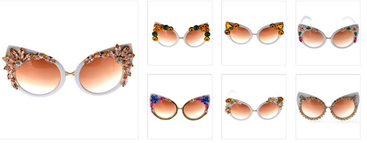 White cat-eye sunglasses with brown gradient lenses, adorned with clear and amber rhinestone flowers and bees. - Image 2