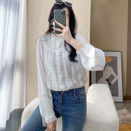 Blusa Elegante de Encaje Manga Larga Cuello Redondo Blanco - Image 9