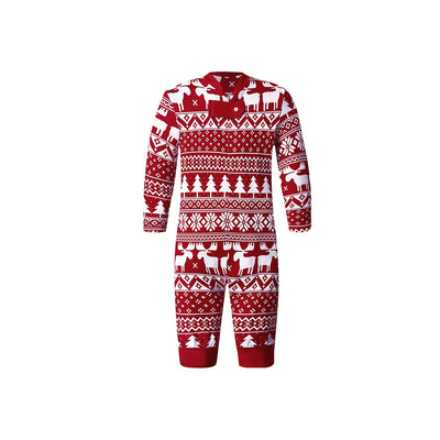 Red and white Christmas pajama set with long-sleeve top and pants, featuring a Fair Isle reindeer and tree print. - Image 18