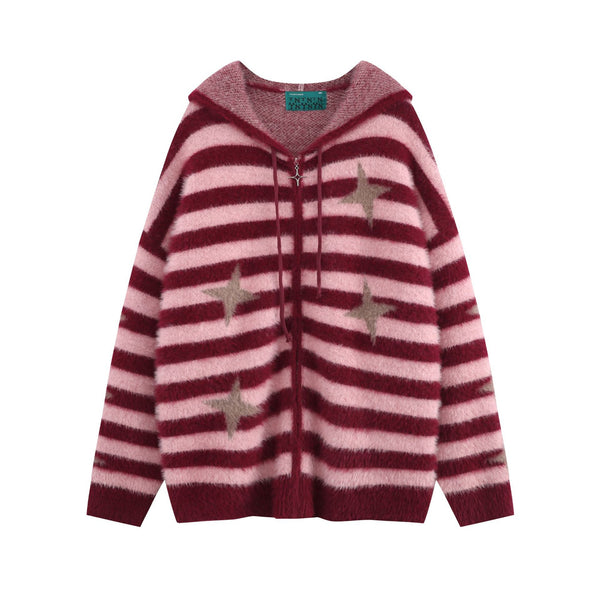 Cardigan Suelto Rojo a Rayas con Capucha y Cierre