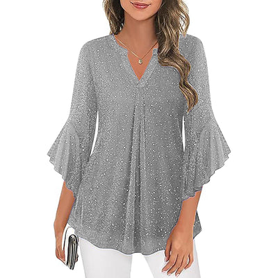 Blusa Suelta de Malla Plateada con Cuello V y Mangas 3/4 Pétalos - Image 6