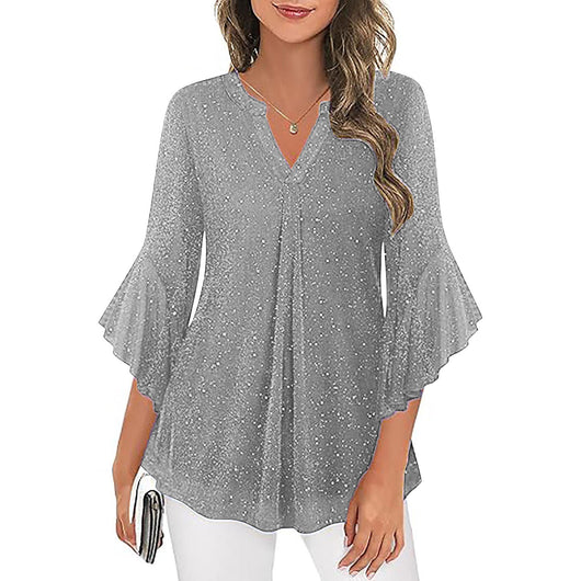 Blusa Suelta de Malla Plateada con Cuello V y Mangas 3/4 Pétalos - Image 6