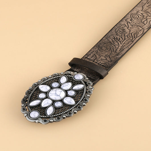 Cinturón Estampado Retro Blanco con Gemas - Accesorio Versátil para Cualquier Outfit - Image 6