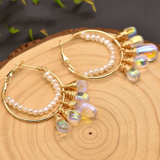 Aretes de Perla de Agua Dulce y Cristal Checo en Círculo - Image 3