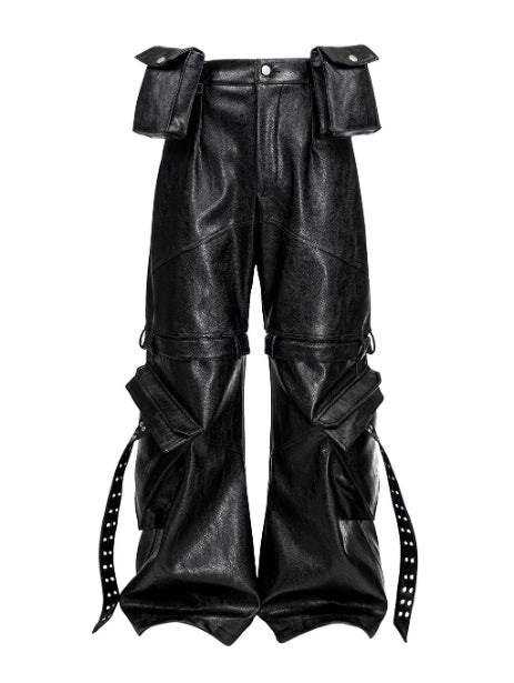 Pantalones de Cuero con Doble Cintura y Cintas Fluidas - Image 4