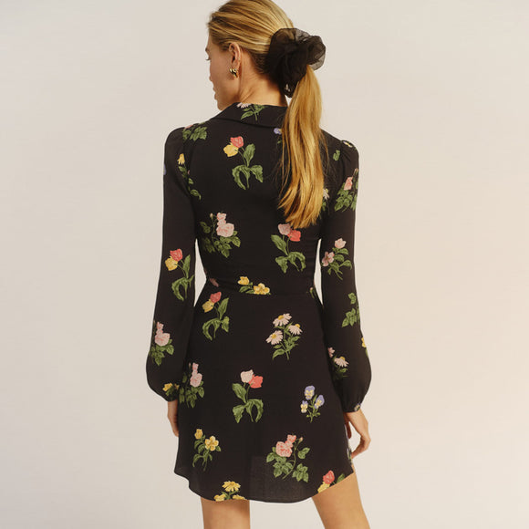 Vestido Largo Vintage con Estampado Francés y Mangas Largas
