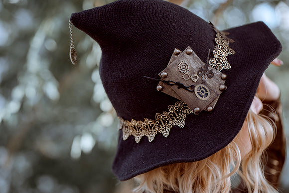 Sombrero Bruja Steampunk Negro Tejido en Lana para Halloween, Mascarada y Cosplay