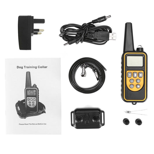 Three electric dog training collars in black, orange, and yellow with receivers, alongside a black and yellow remote control. - Image 12